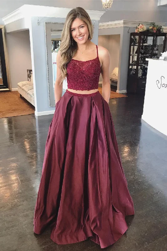 Take Advantage Two Piece Criss Cross Back Maroon Long prom Dress with Lace Top