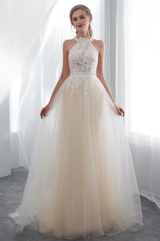 Price Fest High Neck Lace Champagne Long Prom Dress