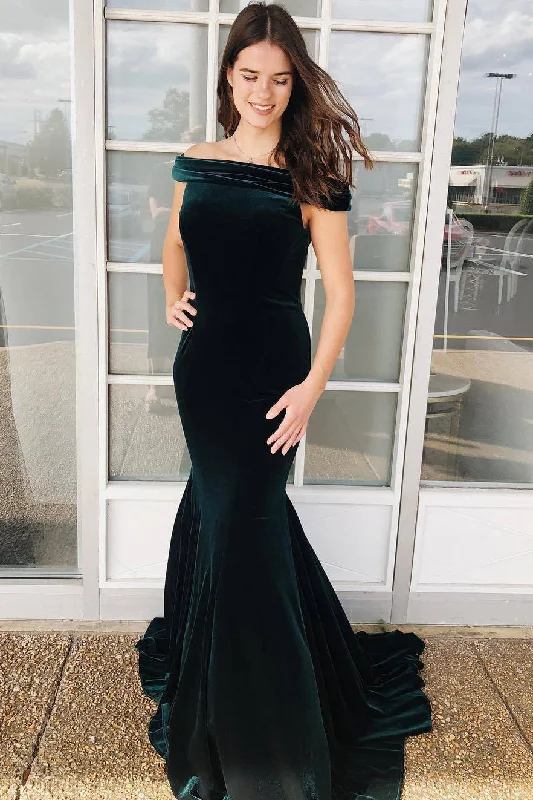 The Best Prices Off the Shoulder Dark Green Velvet Evening Dress
