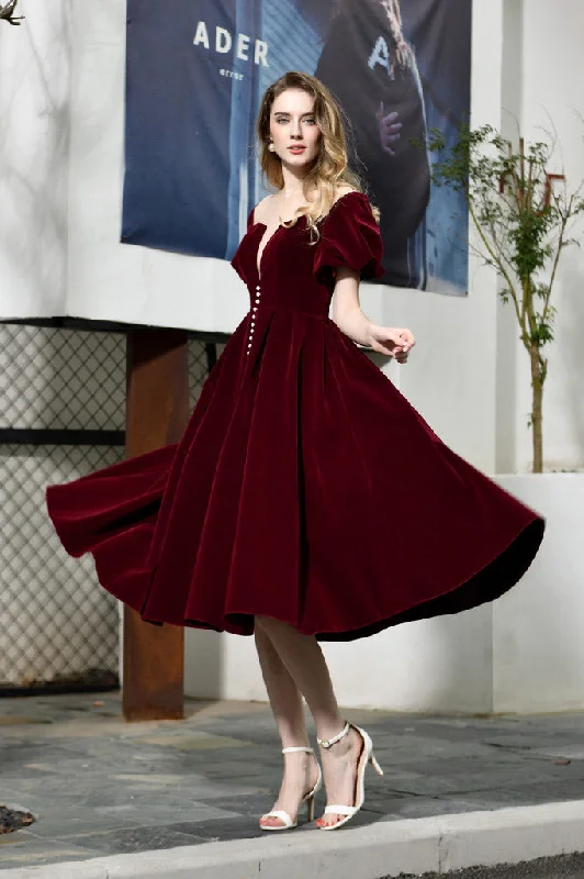 Midnight Madness Fast Shipping Short Sleeves Lace-up Back Burgundy Mid-Calf Prom Dress