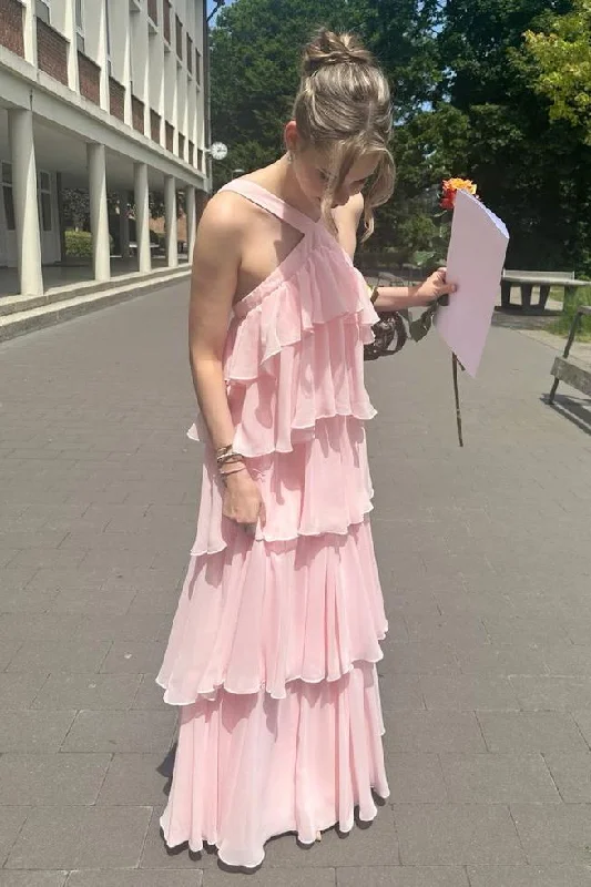Value Deals Halter Pink Chiffon Ruffle Party Dress