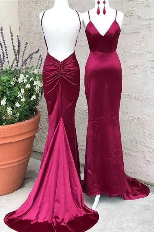 Early Bird Discount V-Neck Open Back Mermaid Long Burgundy Prom Dress