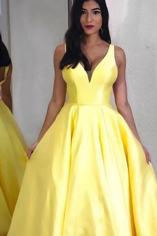 Big Discounts Simple Long Satin Yellow Prom Dress with Pockets