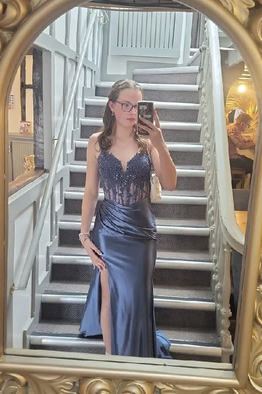 Stock Clearance Dusty Blue Appliques Corset Satin Long Formal Dress