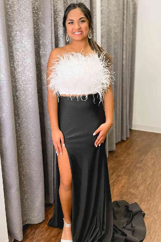 Today’s Deal Strapless White Feathers Separated Long Prom Dress with Lace-Up Back