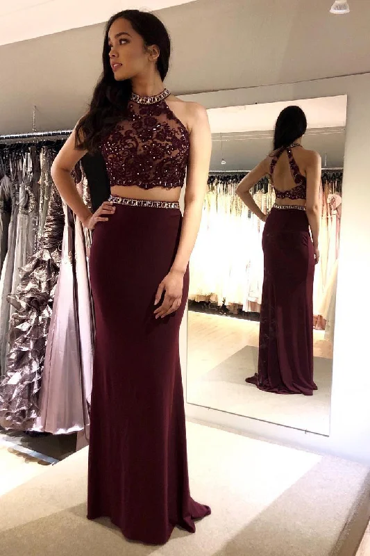 Clearance Event Two Piece Mermaid Beaded Burgundy Long Prom Dress with Lace Top