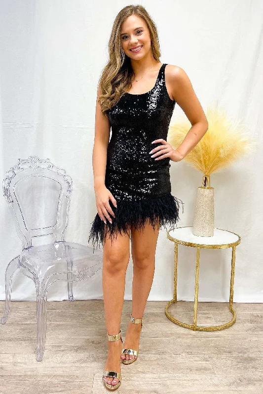 Best Bargains Glitter Black Square Neck Bodycon Homecoming Dress with Feather Hem