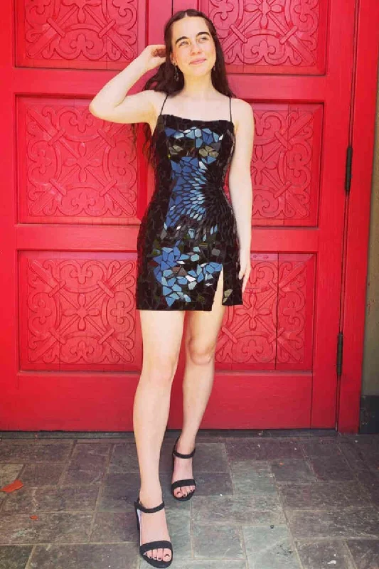 Steals and Deals Straps Black Cut Glass Mirror Mini Dress