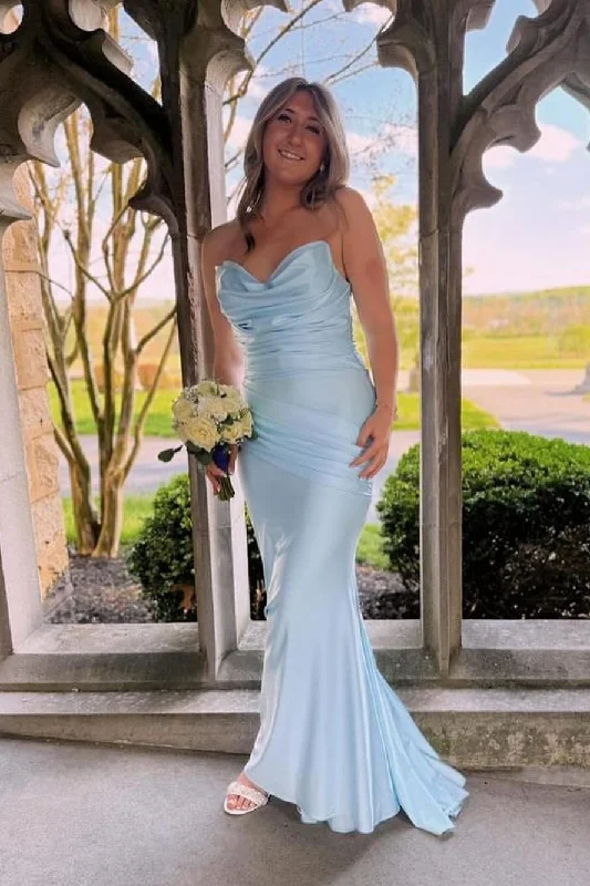 Incredible Offers Cowl Neck Light Blue Ruched Fitted Formal Dress