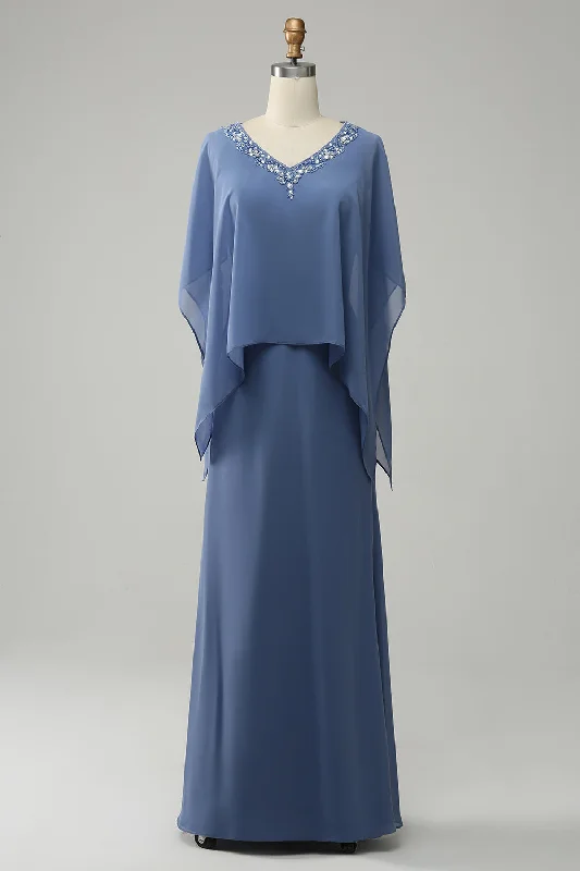 YEAR-End Clearance Blue Draped Sleeves Beaded Chiffon Long Mother of the Bride Dress