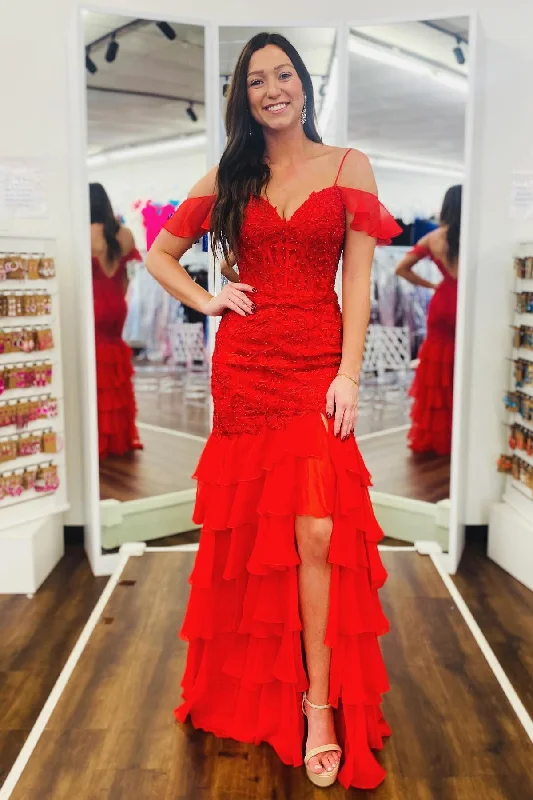 Can't Be Beat Cold Sleeves Red Lace Mermaid Ruffle Prom Dress