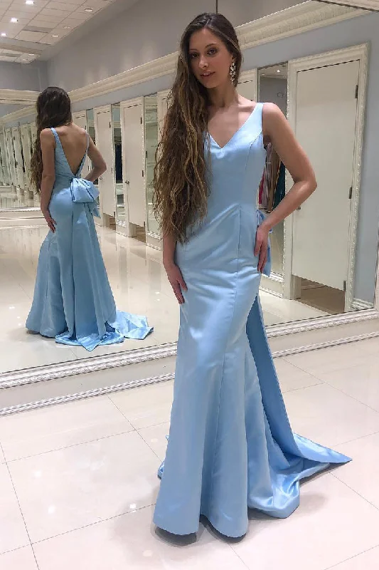 Hurry In Mermaid V-Back Watteau Light Sky Blue Prom Dress