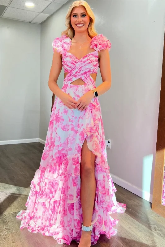 Super Bargain Sexy Pink Floral Cutouts A-line Ruffle Long Dress