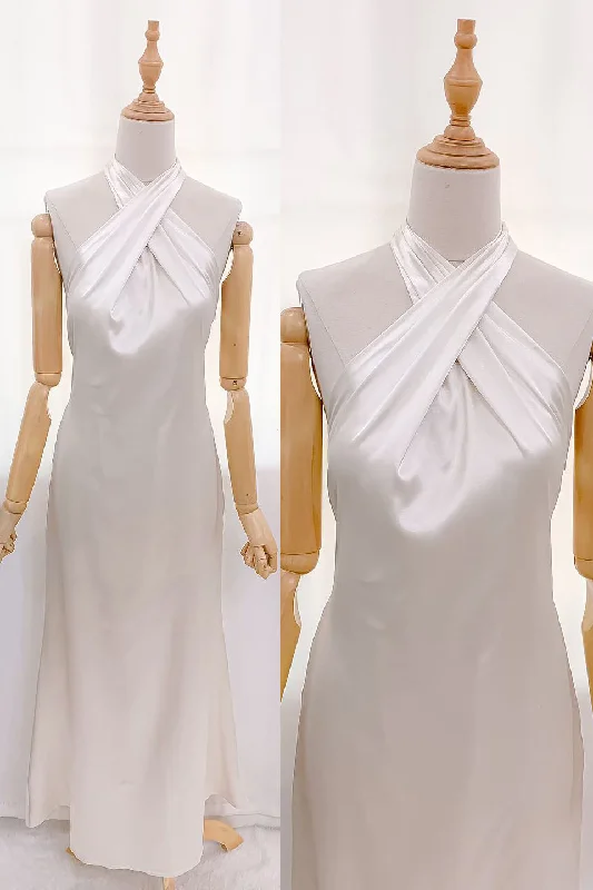 Amazing Deals Halter White Soft Satin Sheath Long Bridesmaid Dress