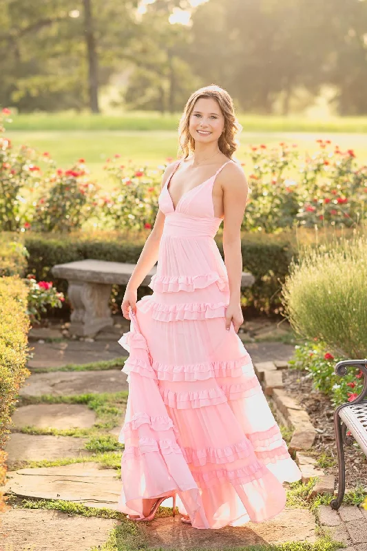 Special Discount Straps Pink Chiffon Tiered Long Maxi Dress