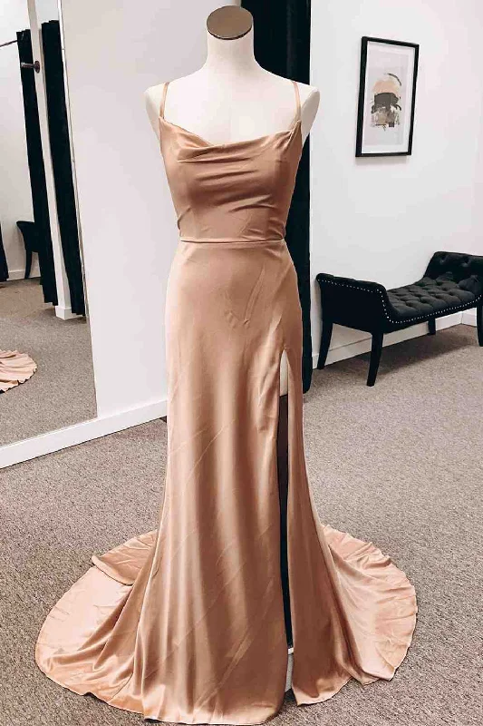 Exclusive Savings Champagne Cowl Neck Mermiad Satin Lace-Up Back Slit Long Prom Dress