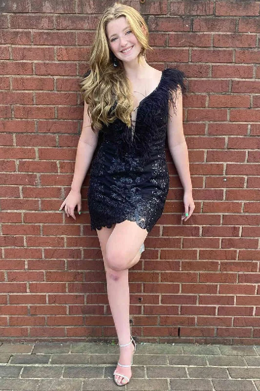Instant Discount Black Feather Neck Lace Bodycon Homecoming Dress