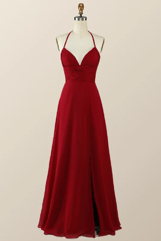 Early Bird Discount Halter Red Pleared Long Bridesmaid Dress with Slit