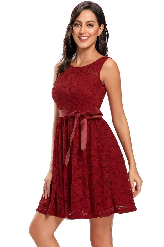 Special Discount Elegant Red Lace Short Party Dress with Sash
