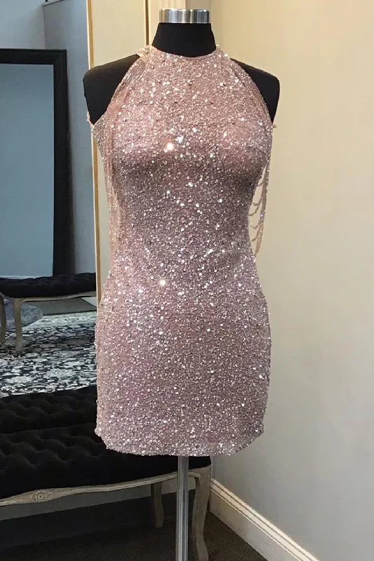 Last Chance Glitter High Neck Sequins Tight Homecoming Dress with Fringes