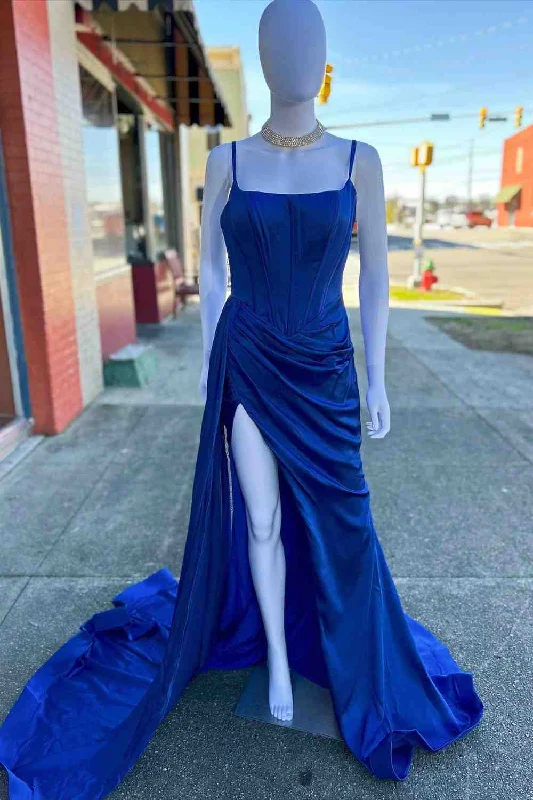 Price Drop Straps Ruched Royal Blue Long Prom Dress with High Slit