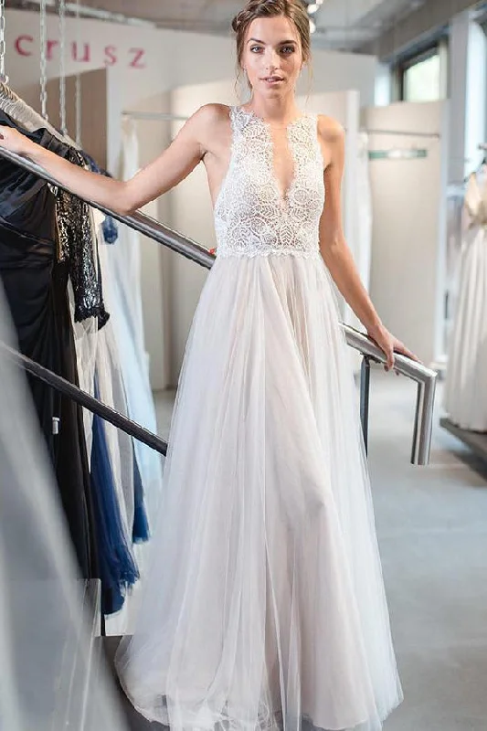 Buy Now Floor-Length V-Neck A-line Ivory Wedding Dress with Lace