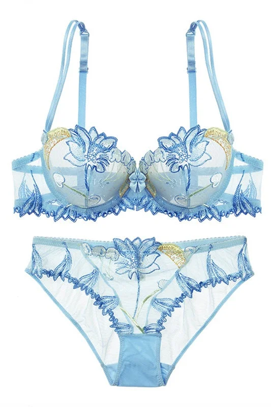 Great Bargains Cute Illusion Light Blue Lingerie Set with Appliques