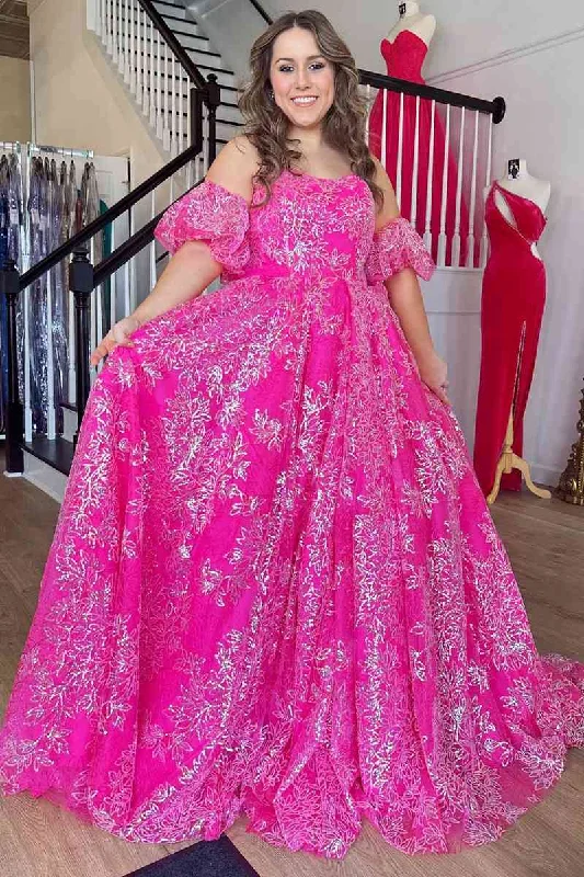 Super Deal Fuchsia A-line Off-Shoulder Tulle Long Party Dress with Removable Sleeves