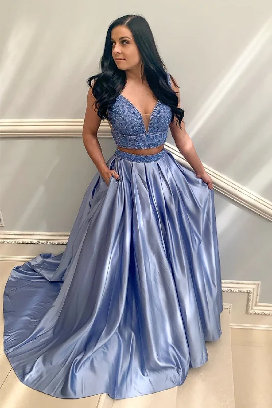 Limited Stock Two Piece Lavender Long Prom Dress with Pockets