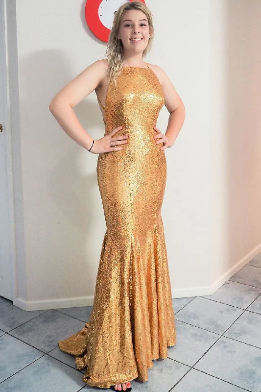 Mega Deal Elegant Criss Cross Back Mermaid Gold Long Prom Dress with Train