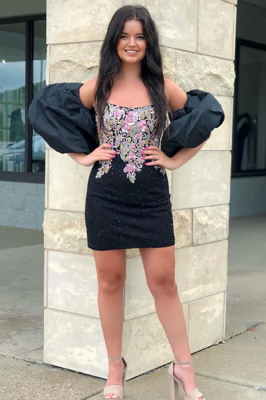 Buy Now Black Strapless Appliques Beaded Homecoming Dress with Detachable Sleeves