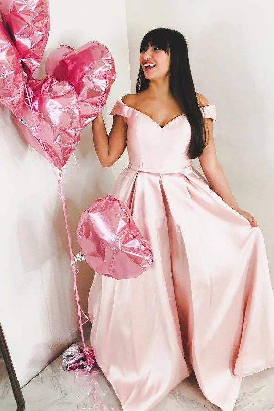 Price Reduction Off the Shoulder Floor Length Pink Prom Dress