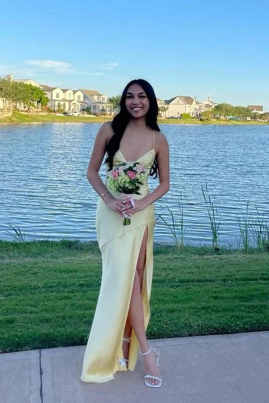 Limited Time Offer Sexy Straps Yellow Soft Satin Long Dress