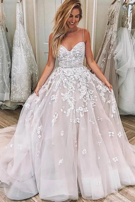 Lowest Price Romantic Long Spaghetti Strap A-line Ivory Wedding Dress with Lace