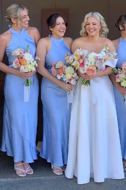 Special Discount Sky Blue Halter Satin Long Bridesmaid Dress