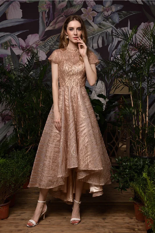 Major Savings Fast Shipping High Low Rose Gold Prom Dress with Mini Sleeves