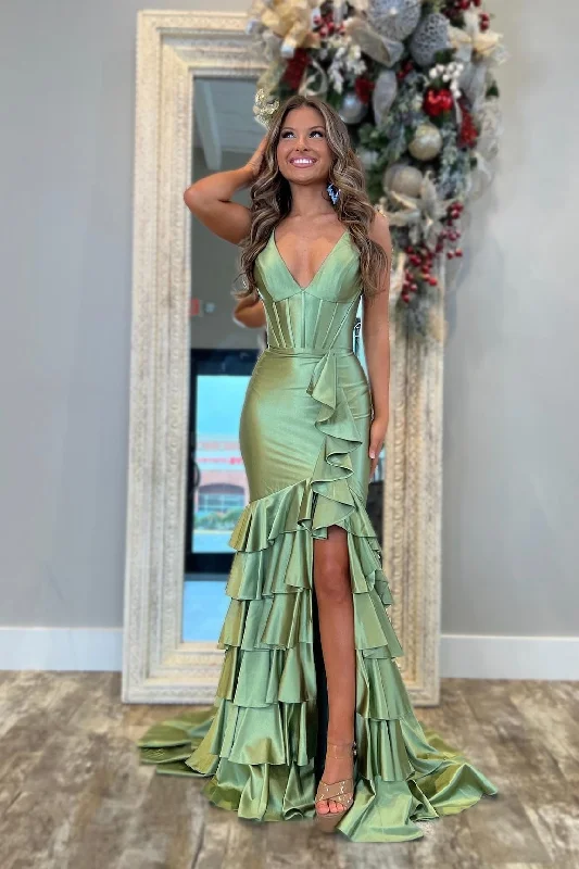 New Deals V Neck Sage Green Satin Ruffle Fitted Prom Dress