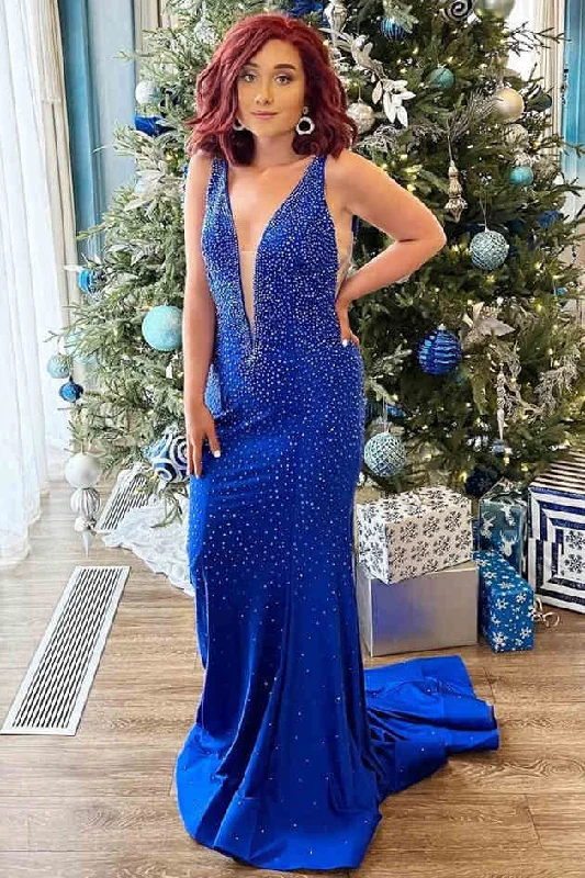 Epic Deals Plunging V-Neck Royal Blue Mermaid Prom Dress