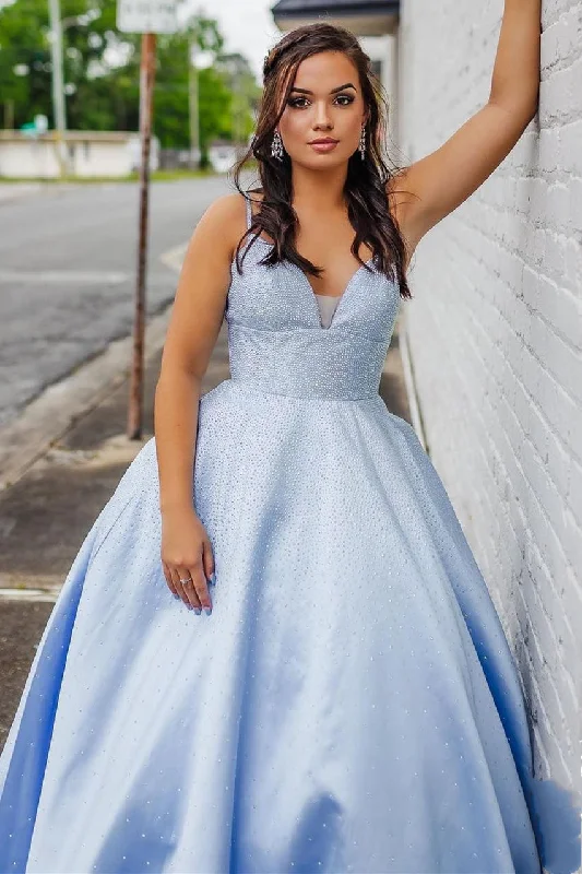 Limited Time Offer Stunning Light Sky Blue Beaded Long Prom Ball Gown