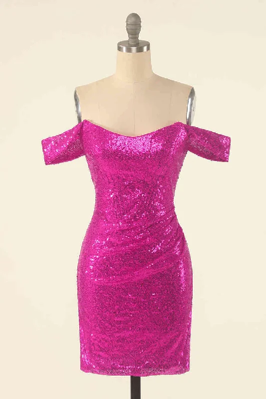 Final Markdown Neon Pink Off the Shoulder Sequined Bodycon Homecoming Dress