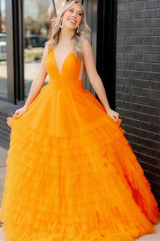 Limited Stock Orange Deep V-Neck A-line Tulle Layers Long Prom Dress