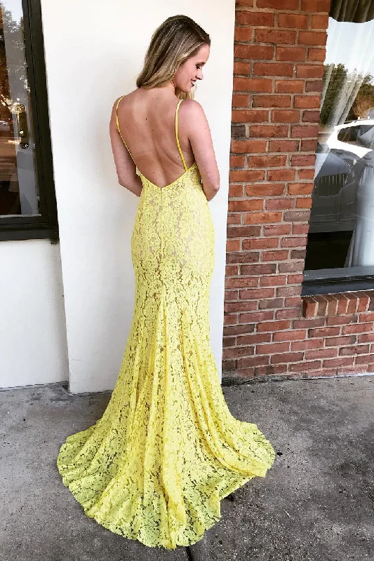 Online Only All Over Lace Mermaid Yellow Long Prom Dress with Slit