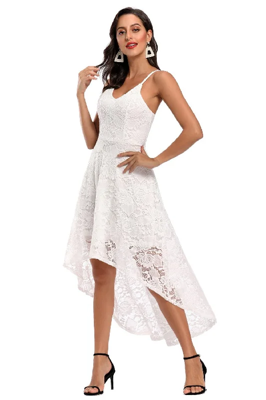 Today’s Deal Spaghetti Straps Hi-Low White Lace Party Dress