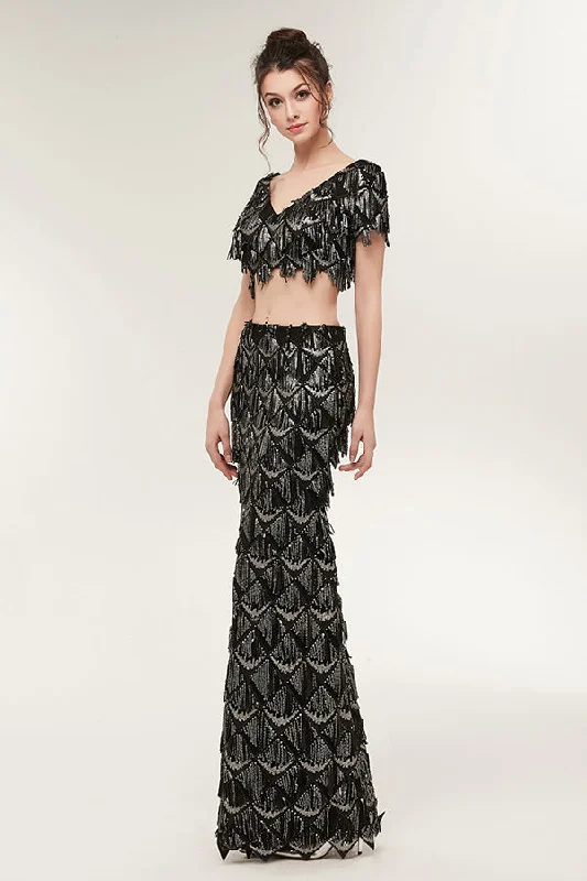 Midnight Madness Two Piece Black Sequins Mermaid Prom dress with Short Sleeves