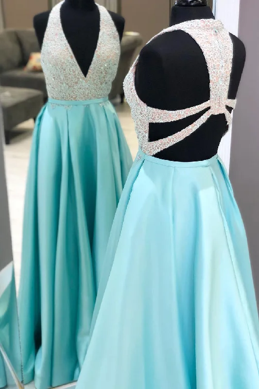 New Markdowns Plunging Neck Long Beading Ice Blue Prom Dress