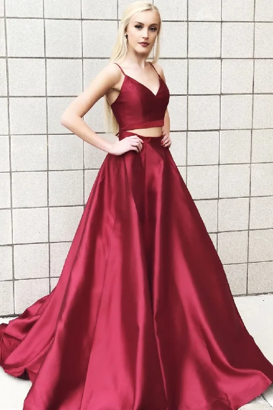 Shop and Save Two Piece Burgundy Long Satin Prom Dress