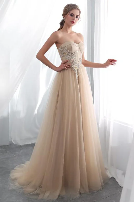 Epic Deals Sweetheart Appliques Champagne Long Prom Dress with Lace-Up Back