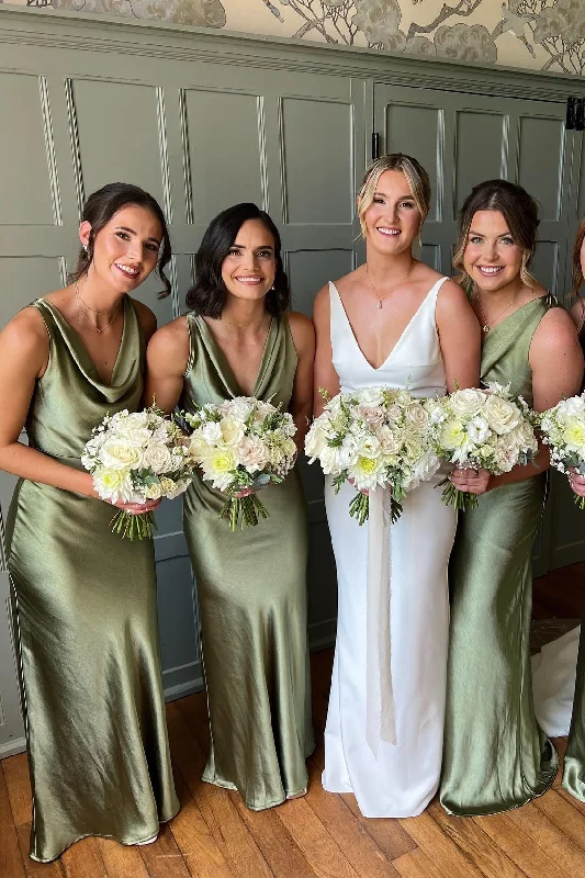 Buy Now Cowl Neck Sage Green Sheath Long Bridesmaid Dress