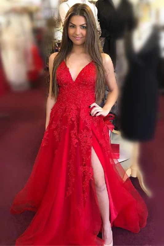 Deal Mania A-line V Neck Red Tulle Applique Long Prom Dress with Slit