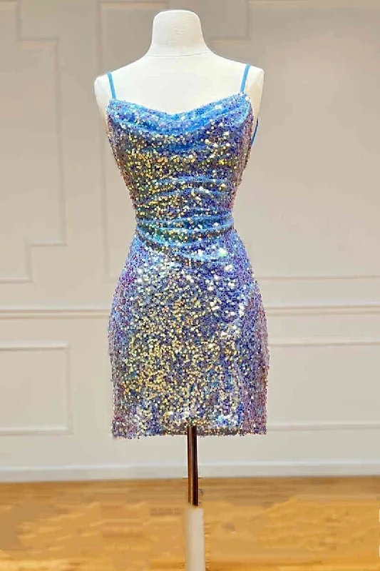 TIME-Limited Offer Tie Back Blue Iridescent Sequin Bodycon Homecoming Dress